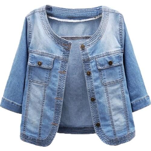Fashion Denim Jacket Women Summer Short Casual Half Sleeve O-Neck Light Blue Jeans Coat Plus Size Ladies Clothes 3XL Tide G981