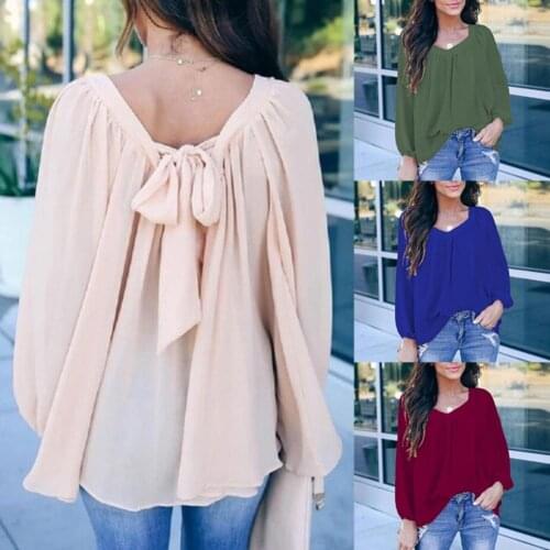 Office Lady Solid Color Long Sleeve O Neck Large Hem Back Bow Loose Blouse Top O Neck Large Hem Back Bow Loose Blouse Top