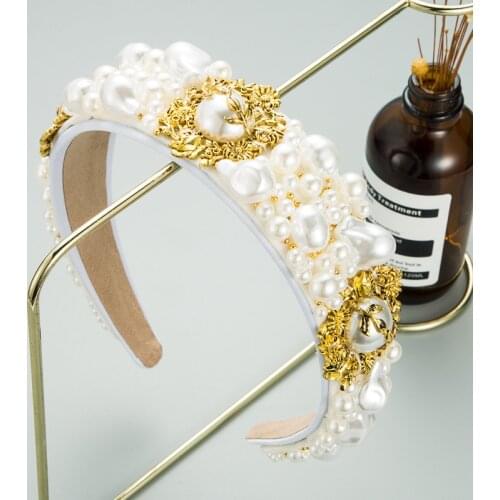 2021 New Fashion Baroque Style Hairband Big Pearl Alloy Flower Shape Personality Ladies Prom Catwalk Retro Sponge Headband