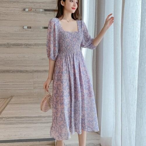 Floral Vintage Print Chiffon Long Summer Women Korean Fashion Casual Sweet Chic Purple Vacation Boho Dress Robe Longue