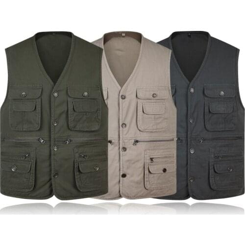 Men Vest Cotton Solid Big Size Travel Waistcoat Classic Summer Button Multi Pocket 3 Colors Sleeveless Jacket with Many Pockets