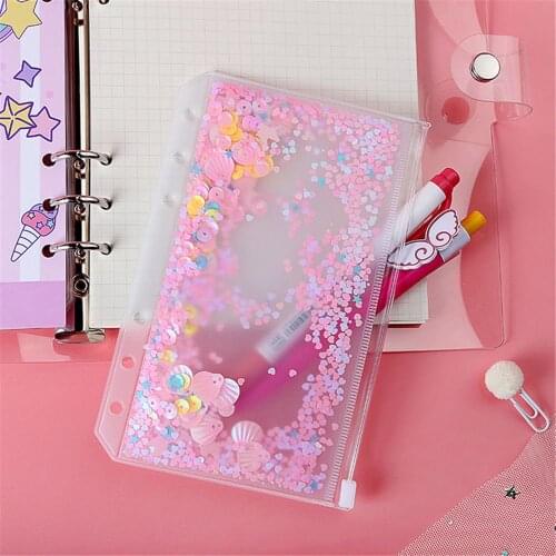 1pc Creative Storage Bag A5/A6 Decorative Hand Book Loose-leaf Zipper Bag Glitter Sequin 6-hole Document Bag Learning Stationery