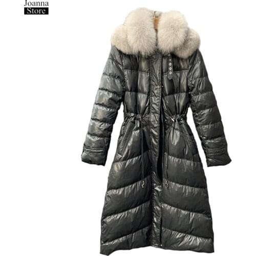 White down jacket 90% slim fur collar hooded coat plus size long jacket winter coats women vintage elegant office ladies clothes