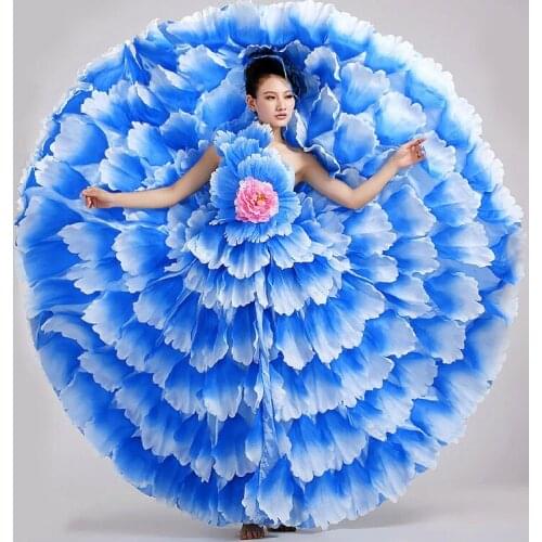 Free ship full flower petals pink/green/blue/yellow single shoulder dance dress/stage performance dress/belle/ballroom