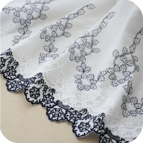 Free shipping high quality off white+dark blue Cotton cloth bilateral embroidered lace fabric width 130cm