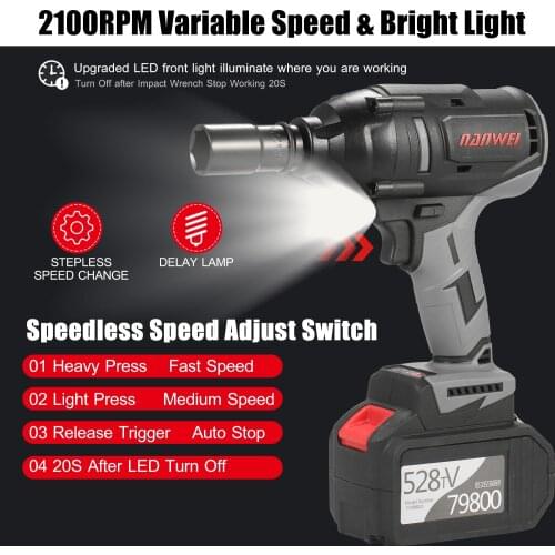 Cordless Impact Wrench 1080Nm High Torque Brushless Motor 1/2 Inch Quick Chuck Fast Charger Variable Speed Power Impact Kit