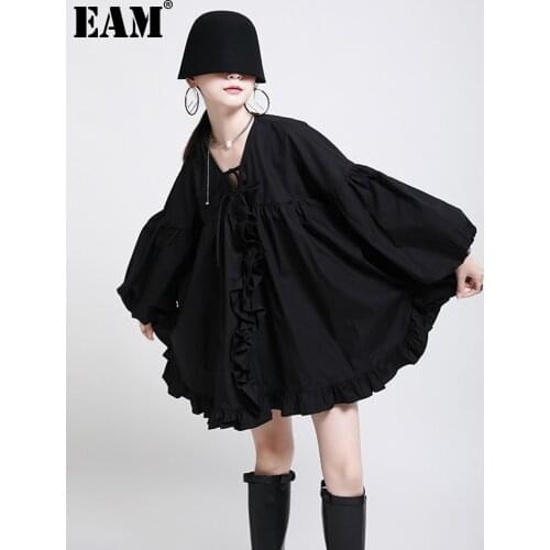 [EAM] Women Black Ruffles Big Size Bandage Mini Dress New V-Neck Long Sleeve Loose Fit Fashion Tide Spring Autumn 2021 1DD5195