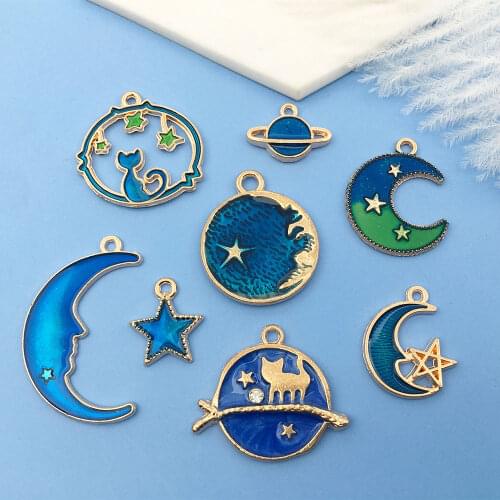 8pcs Moon And Star Enamel Earring Pendants Blue Color Fashion Necklace Charms For DIYHandicraft Accessories Women Jewelry Making