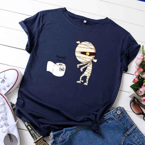 100% Cotton Summer Funny Womens T-shirt O-Neck Harajuku Zombie Toilet Paper Top Casual Female T shirt Oversized Size S-5XL