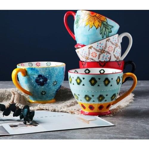 Nordic Vintage Retro Hand-painted Ceramic Mugs For Breakfast Mug 480ml Coffee Oatmeal Mug Milk Mug