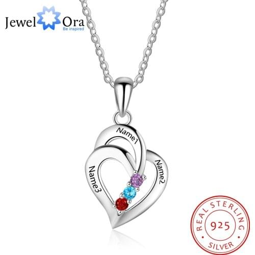 JewelOra 925 Sterling Silver Personalized Mothers Necklace with 3 Birthstones Romantic Engrave Name Heart Pendants Gifts for Her