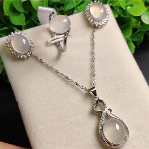 3 Pieces 925 Sterling Silver Natural White Jade Pendant Necklace Bracelet Earrings Women Jewelry Set
