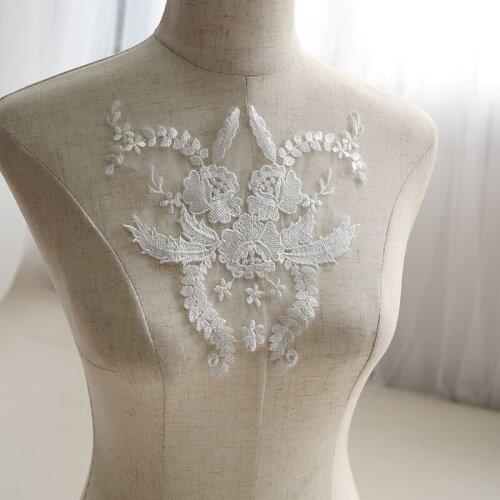 1pc 19*20cm embroidered lace applique for wedding dress white floral embroidery lace appliques patch accessories for bridesmaid