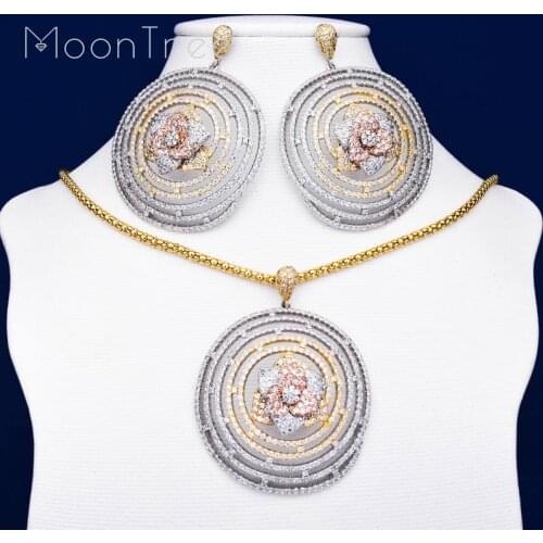 MoonTree Luxury Flower Luxury Line Full Mirco Paved Cubic Zirconia Women Wedding Engagement Party Earring Necklace Jewelry Set