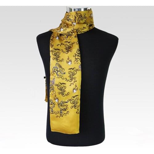 Chinese Dragon Print Cravat Male Double Layer Silk Satin Neckerchiefs Loong Pure Silk Scarf Men Plaid Cachecol NWJ10