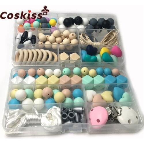 Two Boxes Baby Teether Toys Silicone Teething Pacifier Clip Kit Geometric Hexagon Silicone Teething Beads DIY Nursing Necklack