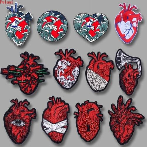 Pulaqi Red Hearts Patches for Clothing Embroidered Appliques Iron on Human Organs Badge Stripes For Clothes Sticker Washable DIY