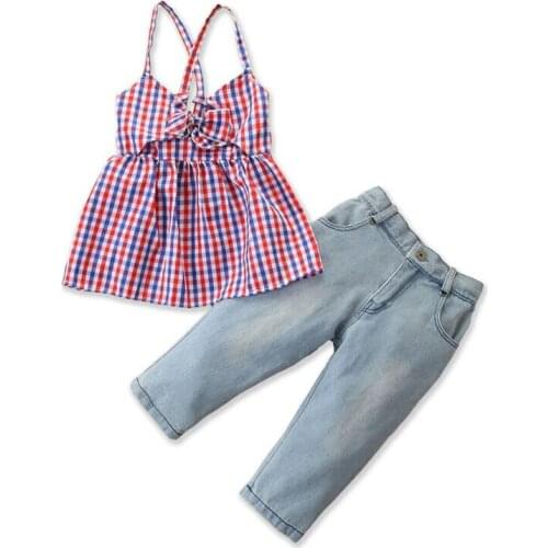 Toddler Kids Baby Girls Clothes Sleeveless Spaghetti Strap Plaid Top Button Denim Pants Leggings Outfit Set