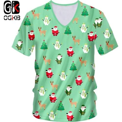 OGKB Man T shirt New Mini Tree And Elk 3D Printed Santa Claus And Snowman Large Size 5XL Men'a V Neck Tshirt