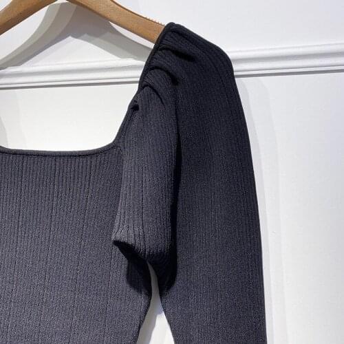 2019 Autumn and Winter Tight Square Neck Puff Sleeve Long Sleeve Knit Sweater Womens Bottoming Shirt Top