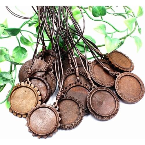 Fit 30mm Cabochons brown Wood Necklace Base blank Wooden Pendant Trays Diy Jewelry Accessories for Necklace Making 5 Strands