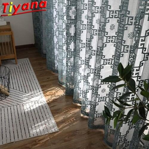 Classical Chinese Jacquard Geometry Curtains for Living Room Modern Blue Semi-Blackout Hollow Tulle for Kitchen #VT