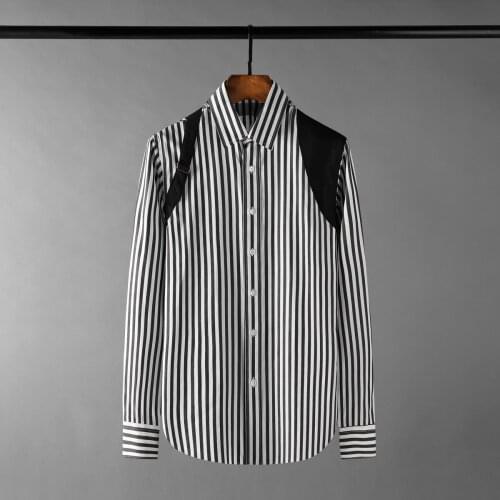 New Black Splicing Male Shirts Luxury Long Sleeve Stripe Casual Mens Dress Shirts Fashion Loose Metal Buckle Man Shirts