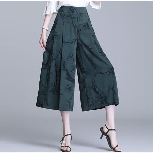 Retro Printed Wide Leg Pants Womens Summer High Waisted Large Size Skirt Style Iice Silk Cropped Pants And Capri Trousers zh665