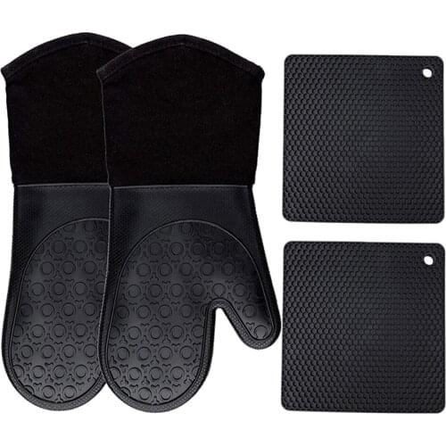 Silicone Oven Mitt 4 Piece Set Includes 2 Heat Resistant Flexible Kitchen Cooking Mitts and Trivet Mats for Barbecue, Cooking
