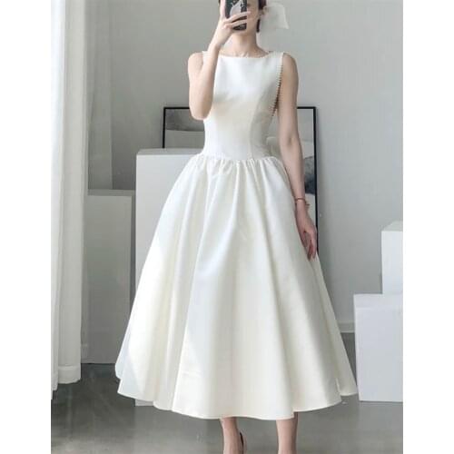 Scoop French Style Tea Length Wedding Dress Elegant Satin A-Line Bowtie Backless Bridal Gowns vestidos de mairee Wedding