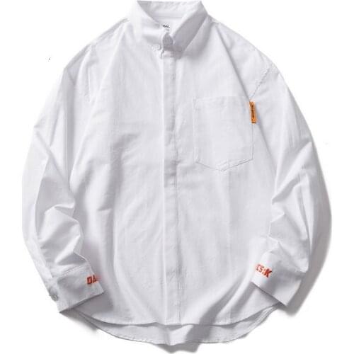 Oxford Cloth Shirt Men Long Sleeve Embroidery Letter Classic Retro Lapel Top Loose Casual Coat Male Clothes Spring Autumn Shirts
