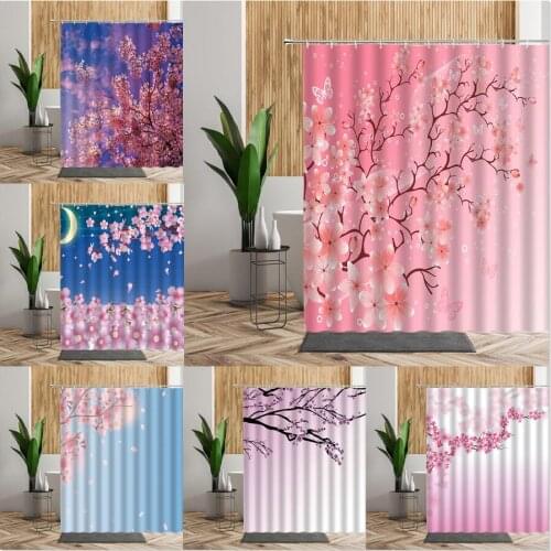 Cherry Blossom Printed Fabric Shower Curtain Japan Natural Flowers Moon Fantasy Bathroom Decor Waterproof Backdrop Bath Curtains