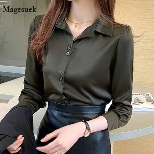 Fashion Satin Shirts Vintage Long Sleeve Blouse Single Breasted Women Tops and Blouses Elegant Office Lady Womens Shirt 11503