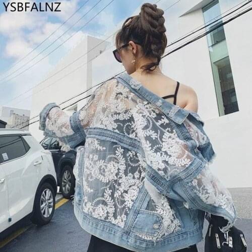 Women Jean Jacket Loose All-Match Lace Splice Short Denim Coat Thin Section Single-Breasted Flowers Blue Korean Jaqueta Feminina