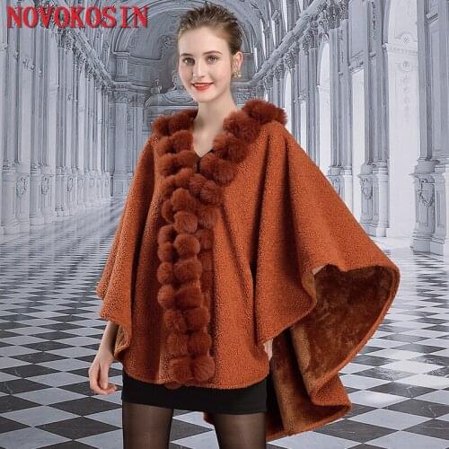 SC388 2019 Winter Big Rabbit Fur Ball Neck Women Black Capes Poncho Knitted Sweater Long Cashmere Cardigan Warm Thick Coat