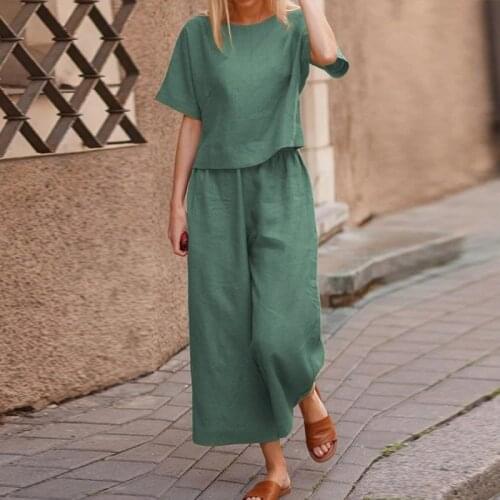 2021 Summer Casual Cotton Linen Women Two Piece Set Fashion O Neck Short Sleeve Tops + Wide Leg Pants Suits Solid Loose Outfits