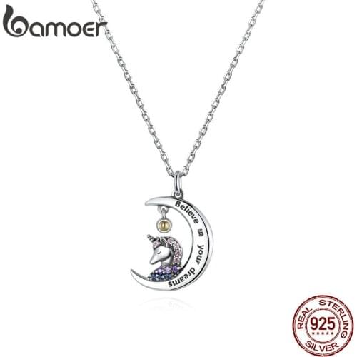 Bamoer 925 Sterling Silver Moonlight Unicorn CZ Pendant Necklace for Women Family Gifts Fine Jewelry SCN410