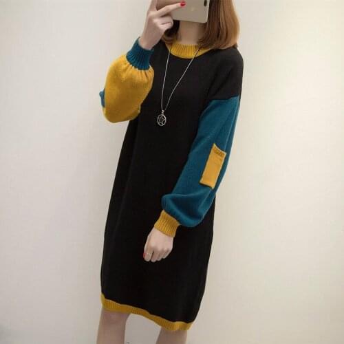 Autumn Winter New Women Sweater Dress Korean Loose Fashion Hit Color Medium Long Female Knitted Dress Spliced Vestidos Is781