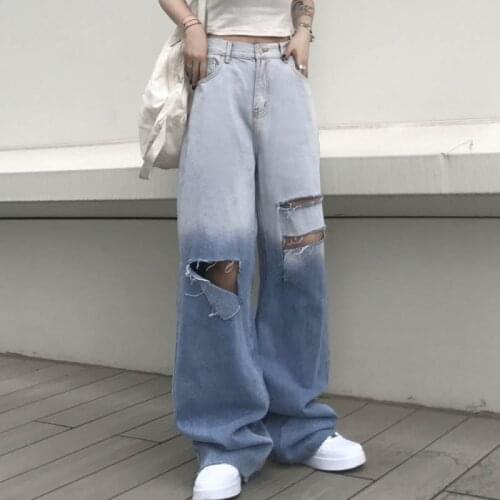 Zoki Streetwear Women Jeans Fashion Hole High Waist Gradient Blue Straight Denim Pants Casual Loose High Street Baggy Jeans 2021