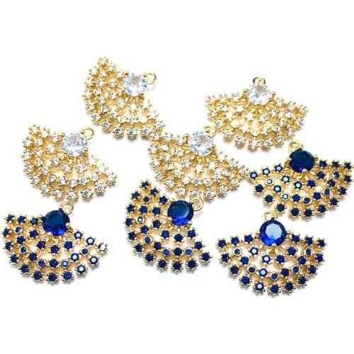 38202)4PCS 15x21MM 24K Champagne Gold Color Brass and Zircon Fan Shape Charms Pendants High Quality Diy Findings Accessories