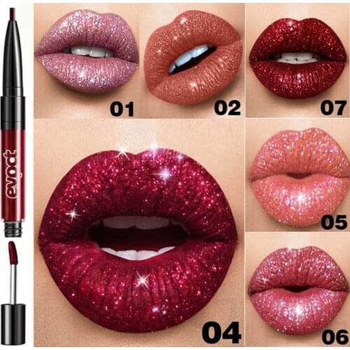 Hot 7 Color 2 In 1 Lipgloss + Liner Glitter Waterproof Lasting Double-end Liquid Lipstick Set Lips Tint Makeup Maquiagem TSLM2