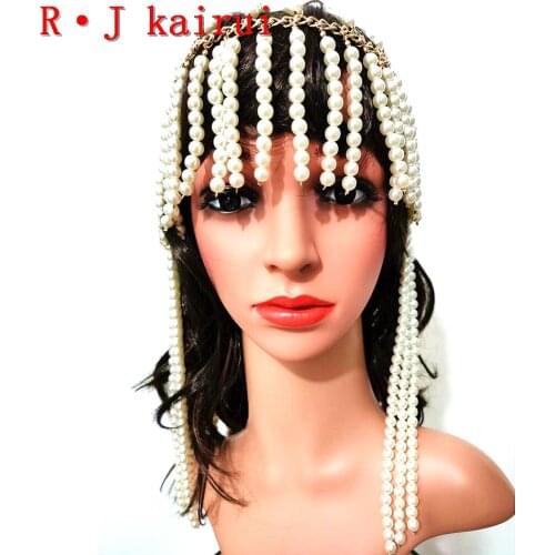 New Style RJPE05 Fashion Women Gold Color Chains Layers Imitation Pearls Head Chains Body Costume Jewelry 2 Colors