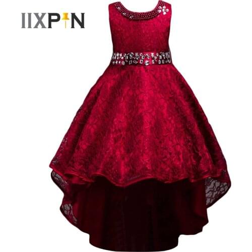2021 Children Girls Christmas Costume Dresses Hi-Lo Overlay Lace Beaded Rhinestone Party Princess Gril Fairy Dress Up De Festa