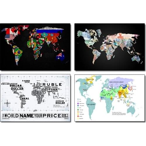 World Map Flag Money Currency Letter Wall Art Canvas Painting Poster and Prints Home Decor Modern Wall Decor Picture