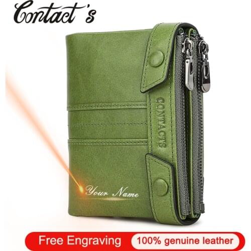 Contacts Double Zipper Coin Pocket Genuine Leather Women Wallet Small Wallets for Female Card Holder Money Bag Portfel Carteras