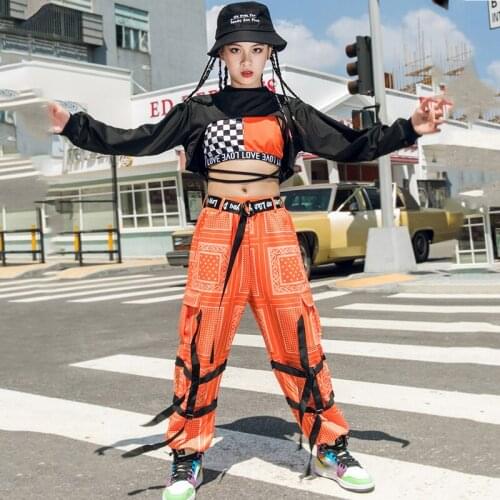 Trending Kids Hiphop Jazz Dance Costume Girls Long Sleeves Tops Orange Pants Casual Catwalk Stage Show Wear Rave Outfit VDB2702