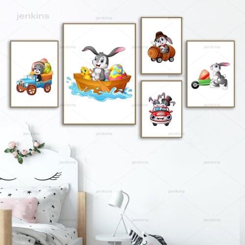 Cute Rabbit Hat Ship Car Train Duck Egg Nursery Wall Art Canvas Painting Nordic Posters and Prints Wall Pictures Kids Room Decor