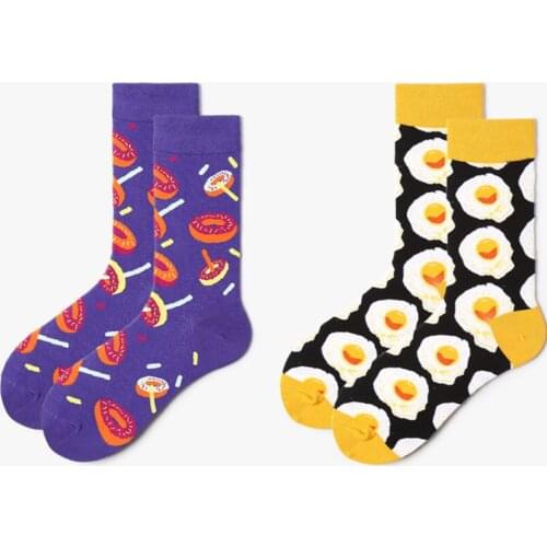 Men Socks Cartoon Eggs Doughnut Colorful Happy Funny Personality Korea Harajuku Hip Hop Vintage Female Casual Cotton Hosiery