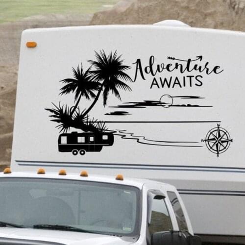 Adventure Awaits Rv Camper Decal, Fifth Wheel Vinyl Sticker Motor Home Decal, Beach Rv Decor, Ocean Palm Tree Decoration E402