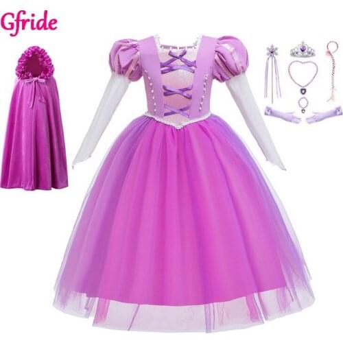 Fancy Princess Girl Rapunzel Dress With Long Cape Kids Birthday Party Costume Cinderella Sleeping Beauty Clothing Children Cloth